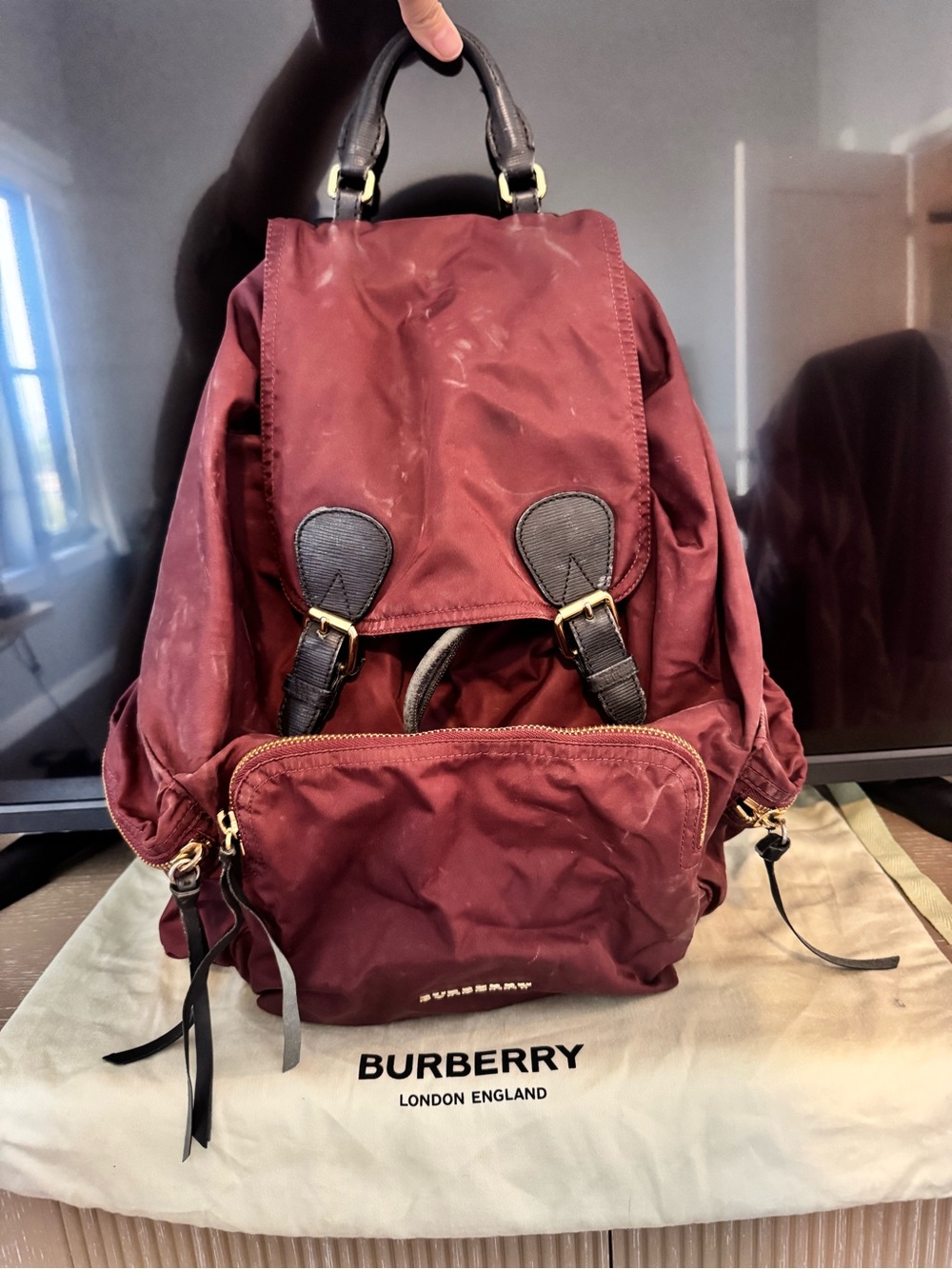 Burberry Burgundy Large Rucksack Nylon Backpack
